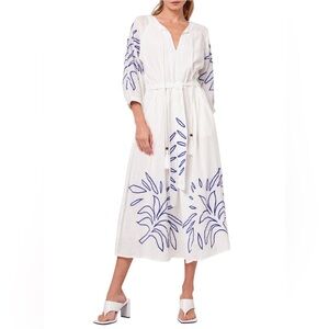 Ciebon Sz M Eliza Blue Embroidered Palm Leaves  Boho V-Neck A-Line Dress White